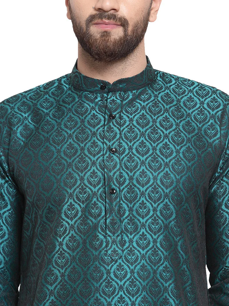 Jacquard Silk Men's Kurta Pyjama Evening Wear India Apparel (Turquoise)