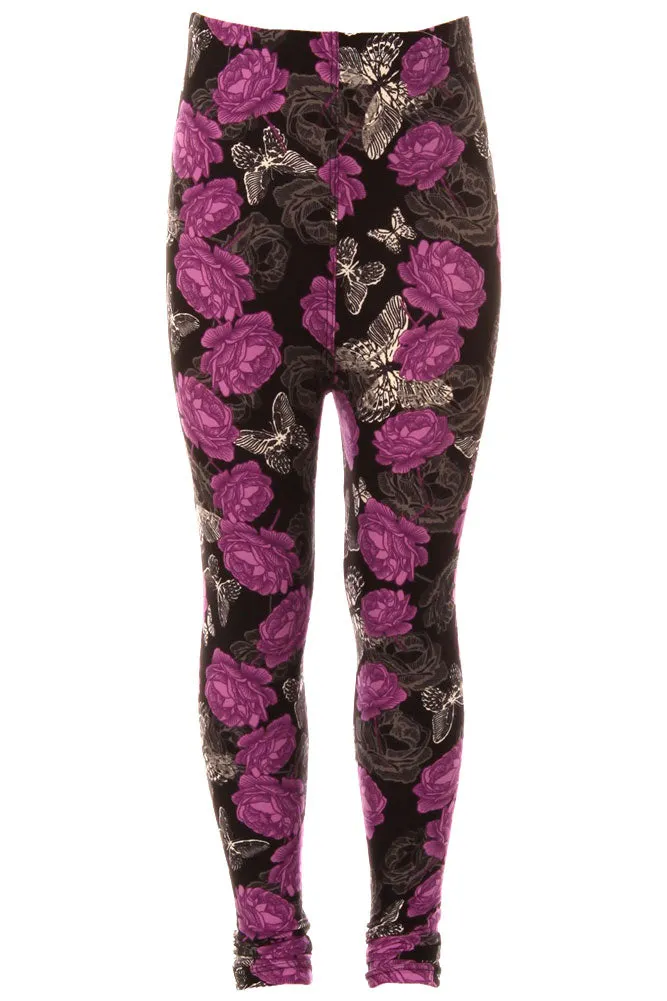 Kid's Purple Rose Butterfly Pattern Printed Leggings