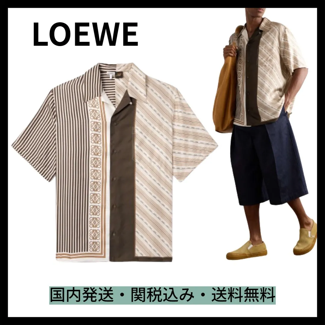 LOEWE  |Stripes Monogram Unisex Silk Short Sleeves Oversized Logo