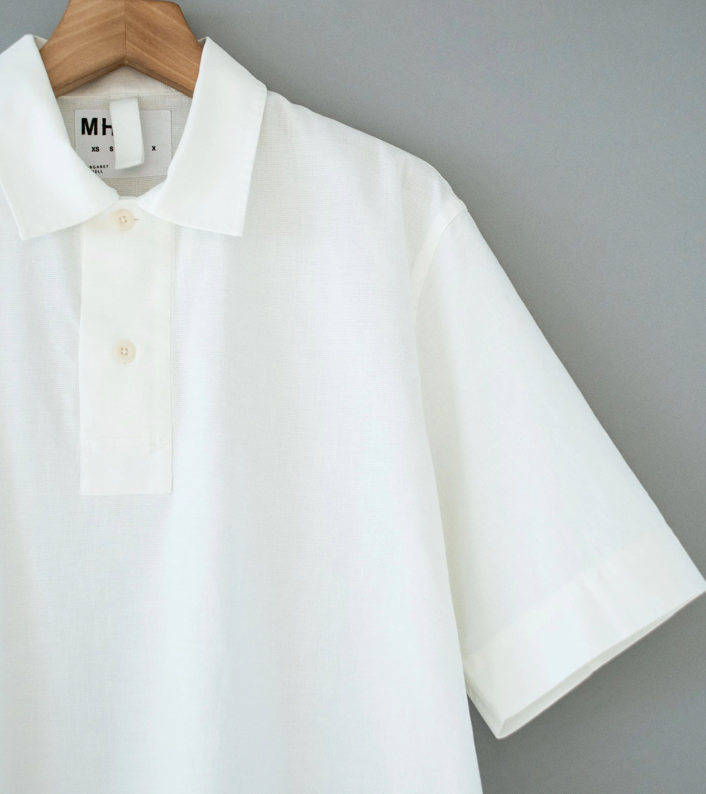 Margaret Howell 'MHL Offset Placket Polo' (White Textured Cotton)