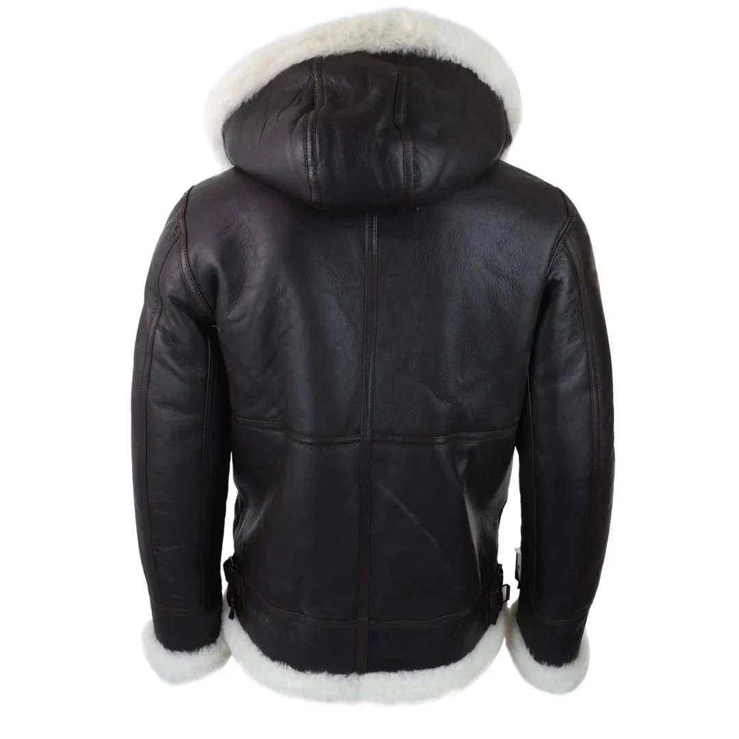 Men's Leather Sherling Sheepskin Hood Jacket Aviator Flying Pilot