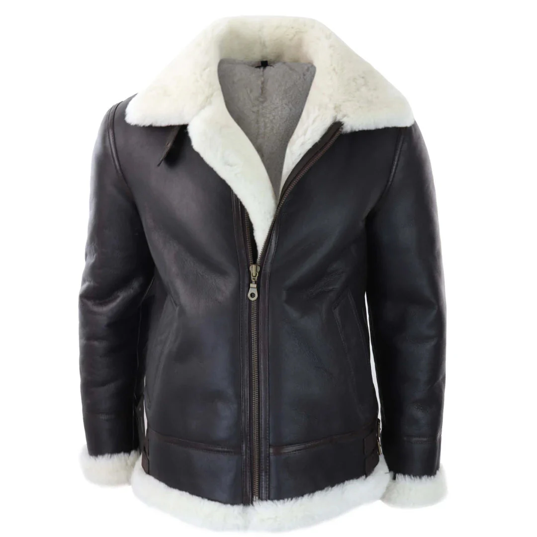 Men's Leather Sherling Sheepskin Hood Jacket Aviator Flying Pilot