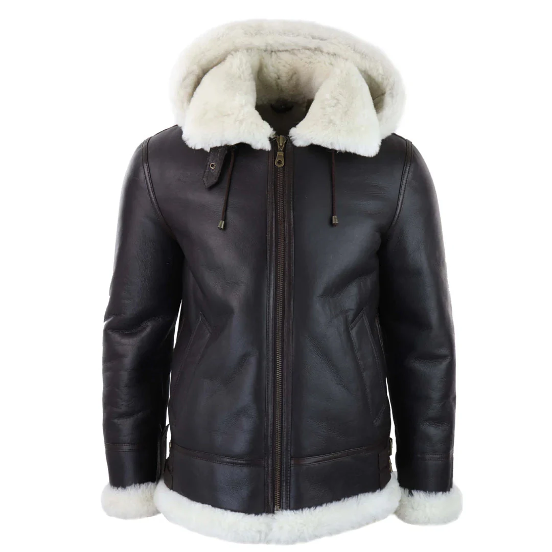 Men's Leather Sherling Sheepskin Hood Jacket Aviator Flying Pilot