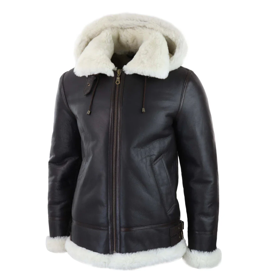 Men's Leather Sherling Sheepskin Hood Jacket Aviator Flying Pilot