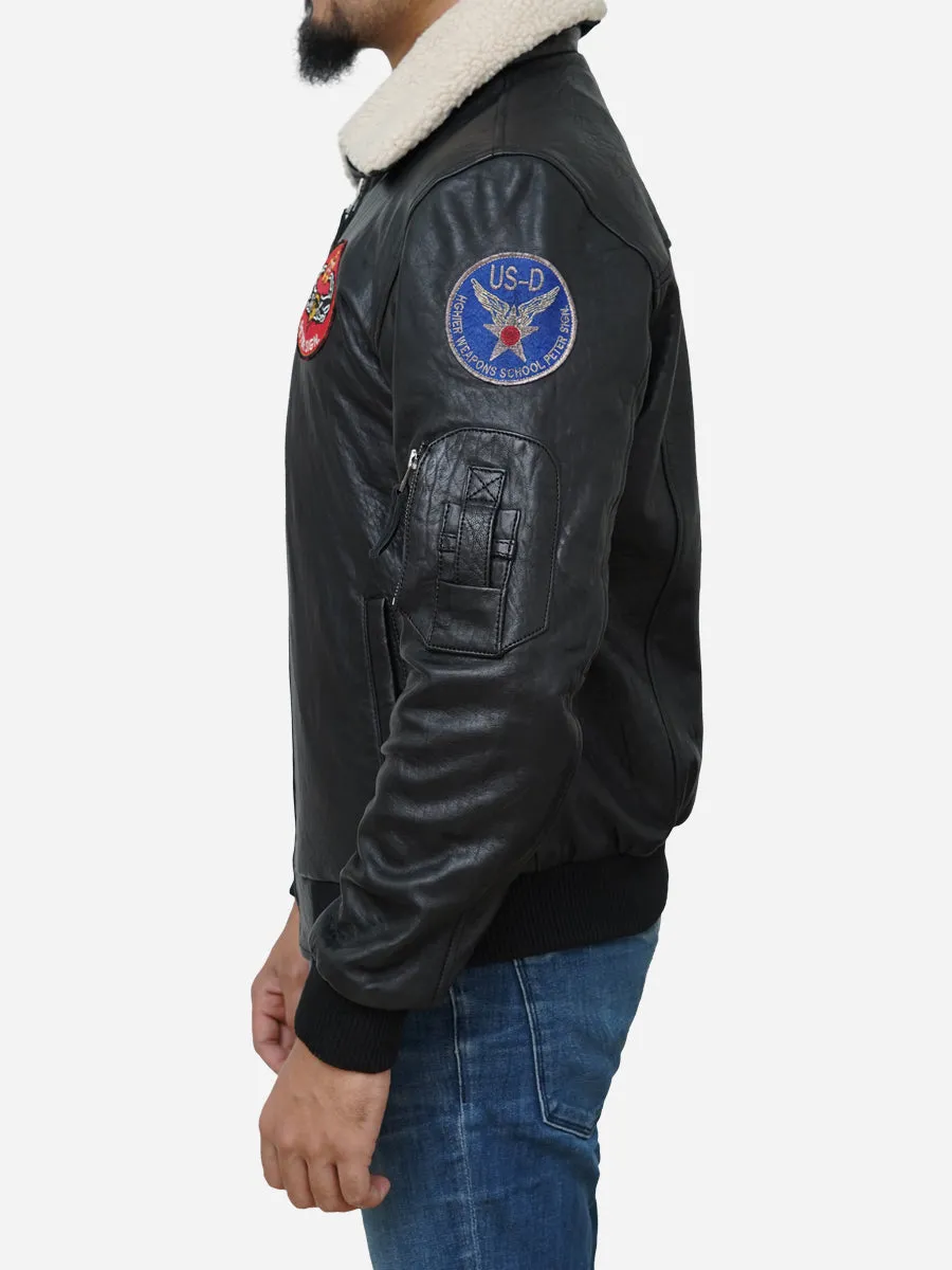 Men's Black Genuine Leather Jacket With Shearling Collar