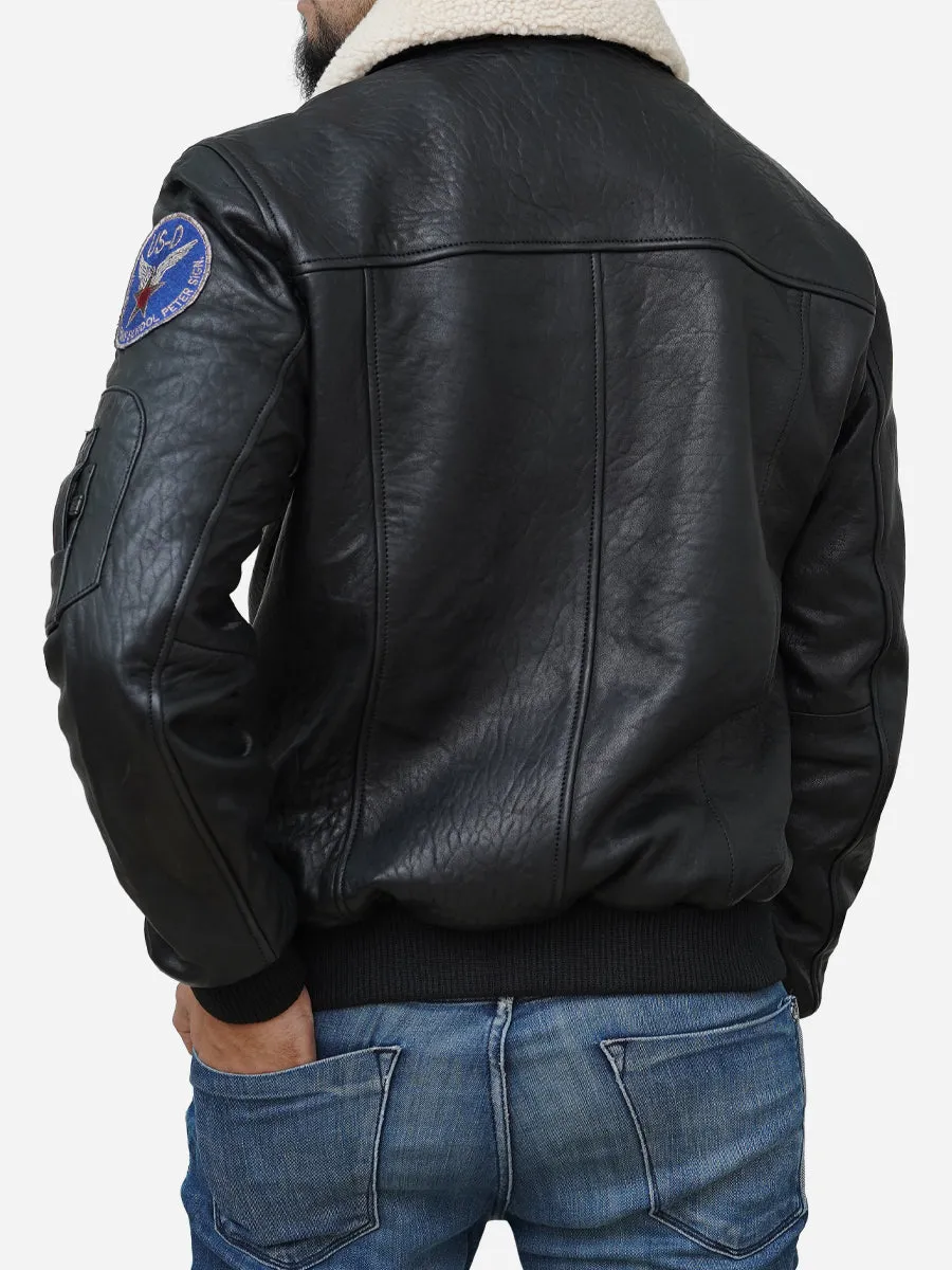 Men's Black Genuine Leather Jacket With Shearling Collar