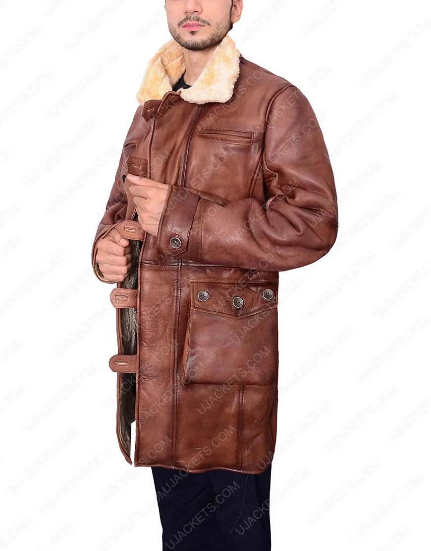 Mens Brown Shearling Trench Leather Coat - Ujackets