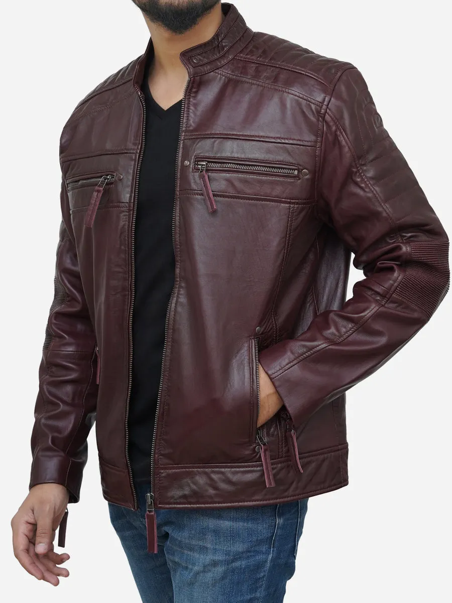 Men's Burgundy Waxed Genuine Leather Biker Jacket