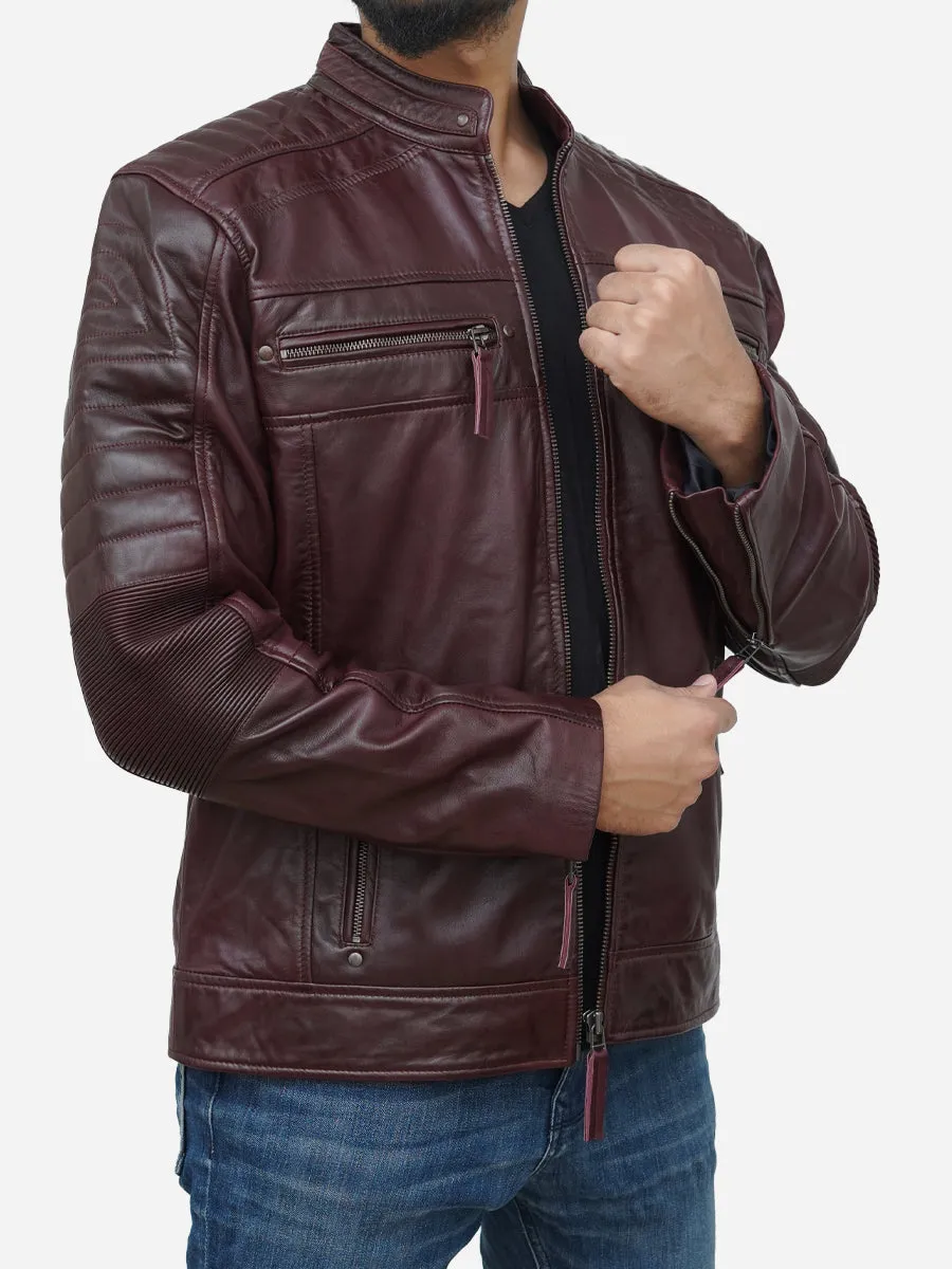 Men's Burgundy Waxed Genuine Leather Biker Jacket