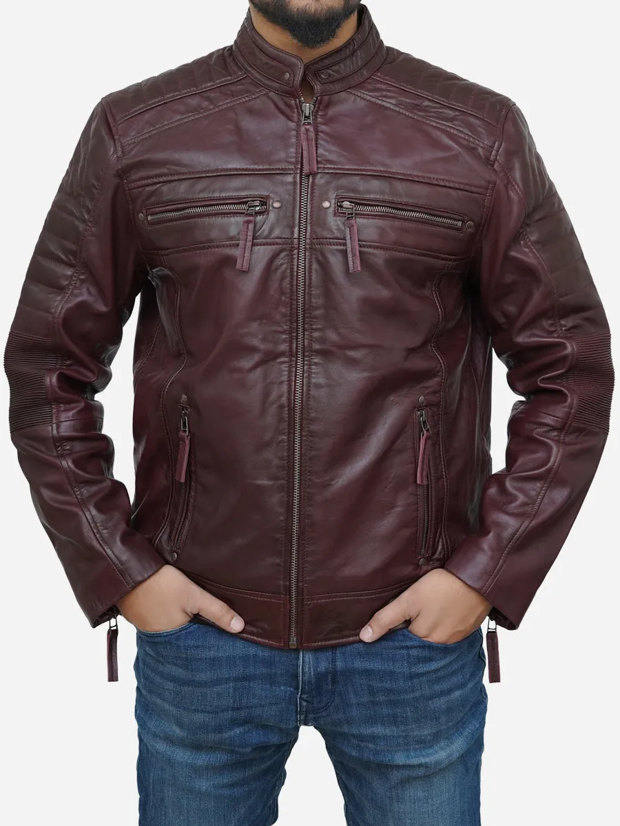 Men's Burgundy Waxed Genuine Leather Biker Jacket