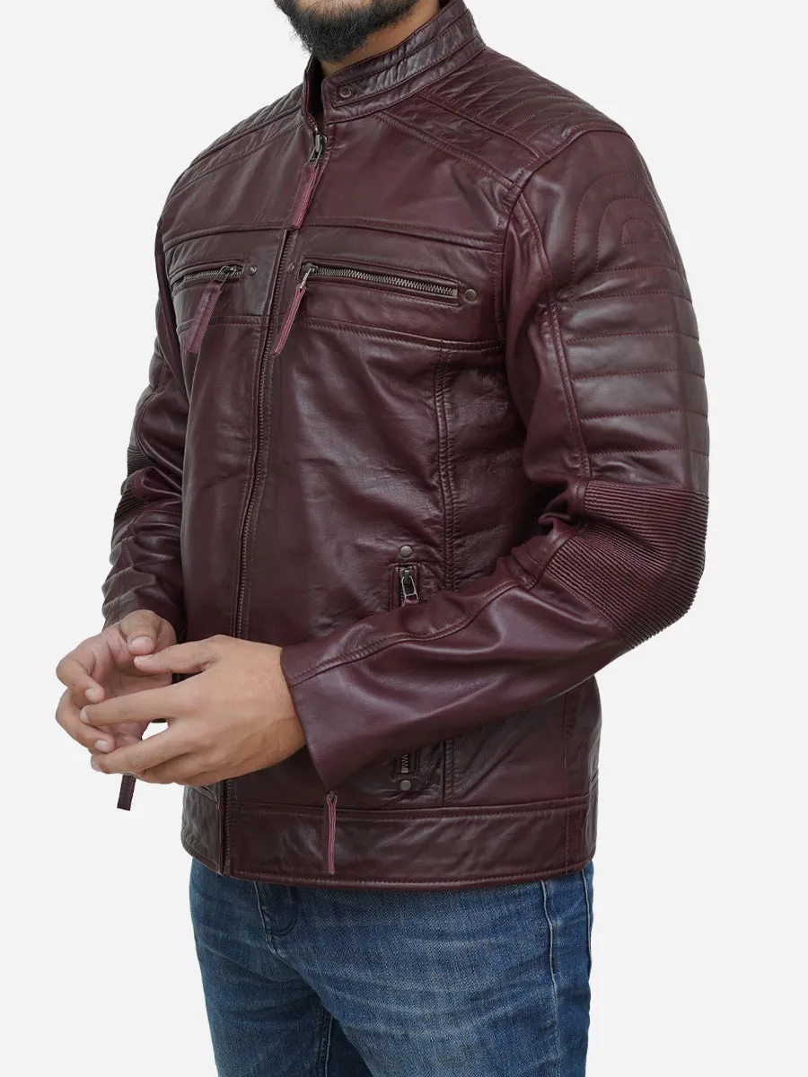 Men's Burgundy Waxed Genuine Leather Biker Jacket