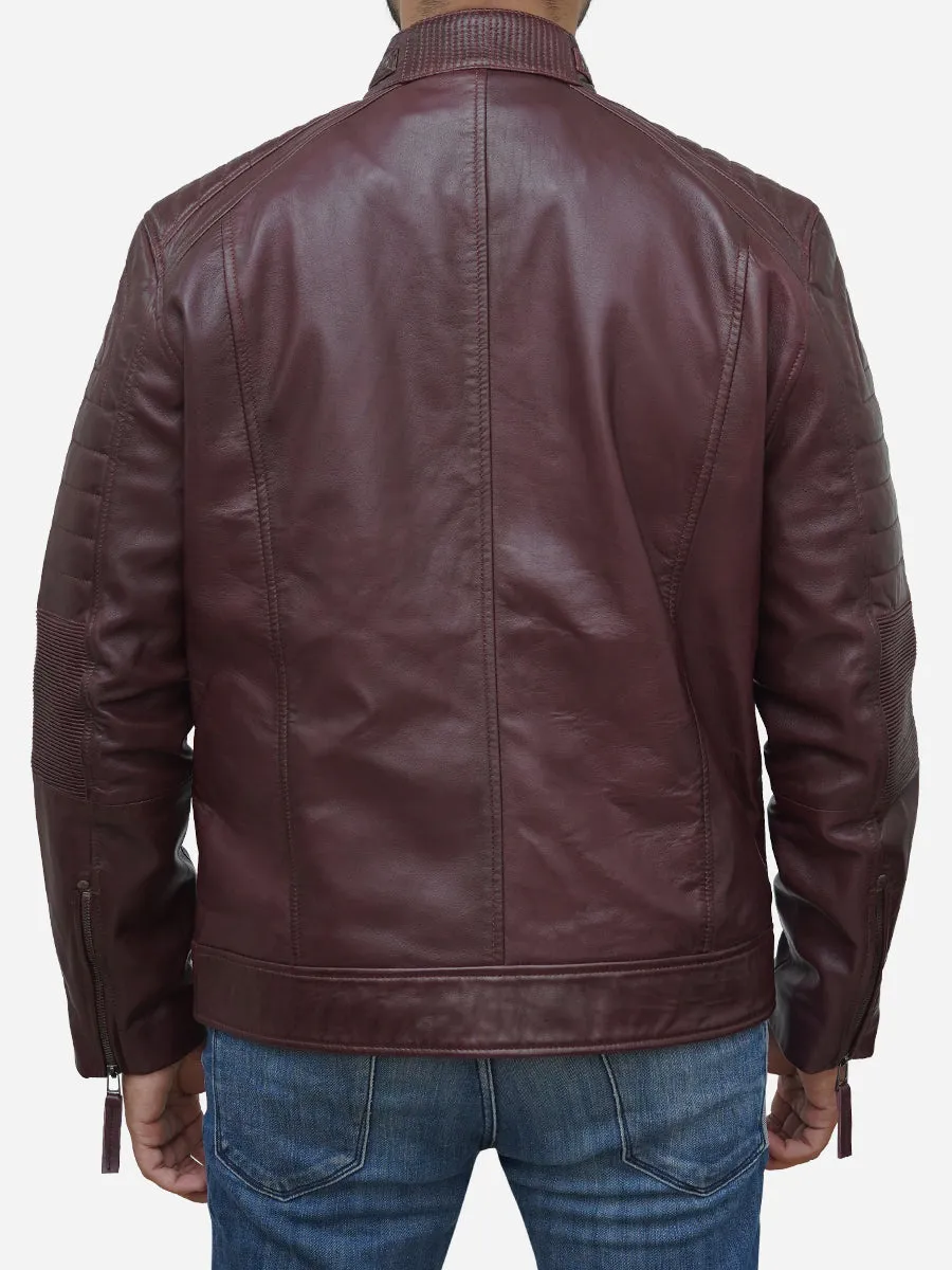 Men's Burgundy Waxed Genuine Leather Biker Jacket