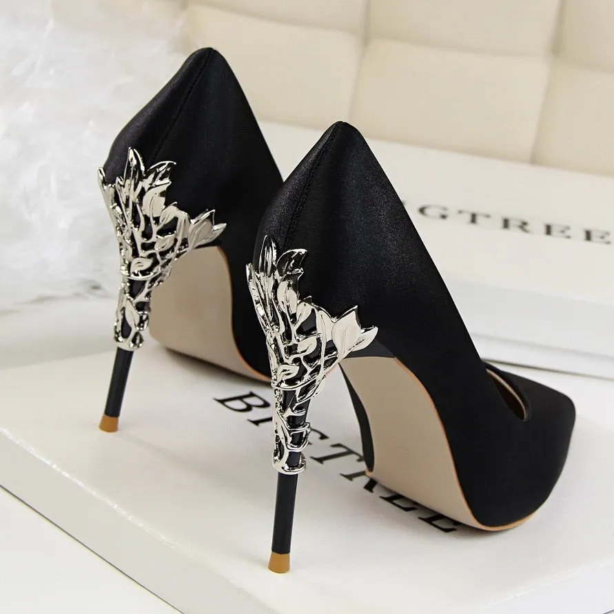 Metal Carved High Heels Pointed Toe Thin Heel Fashion Party Pumps for Women