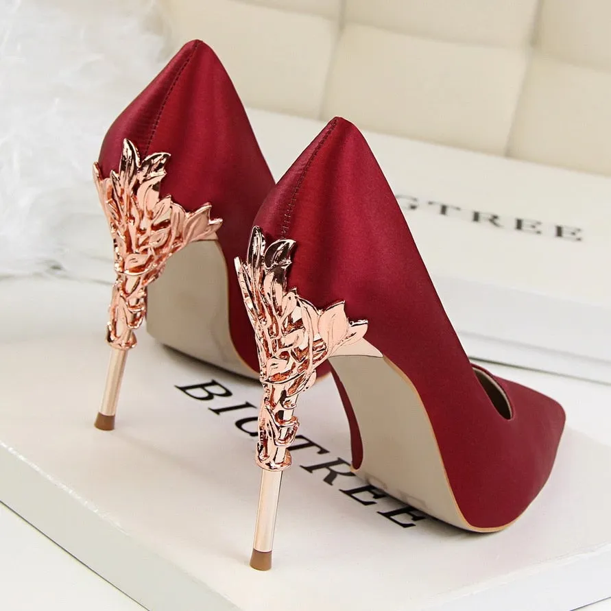 Metal Carved High Heels Pointed Toe Thin Heel Fashion Party Pumps for Women