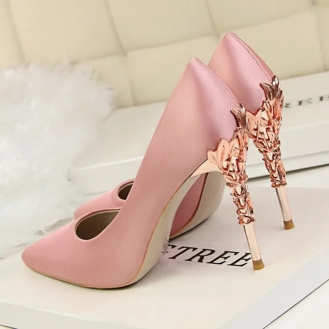 Metal Carved High Heels Pointed Toe Thin Heel Fashion Party Pumps for Women