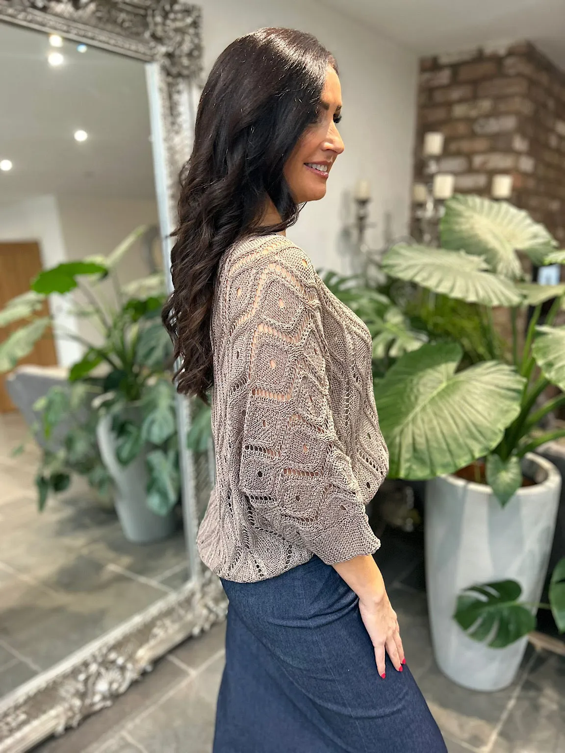 Mocha Crochet Patterned Batwing Knit Dolly