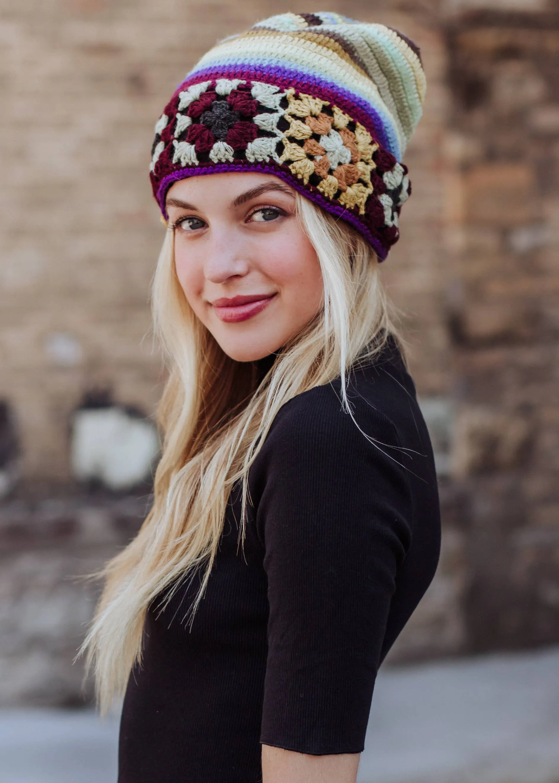 Panache Apparel Co. - Yellow, Brown & Blue Crochet Beanie