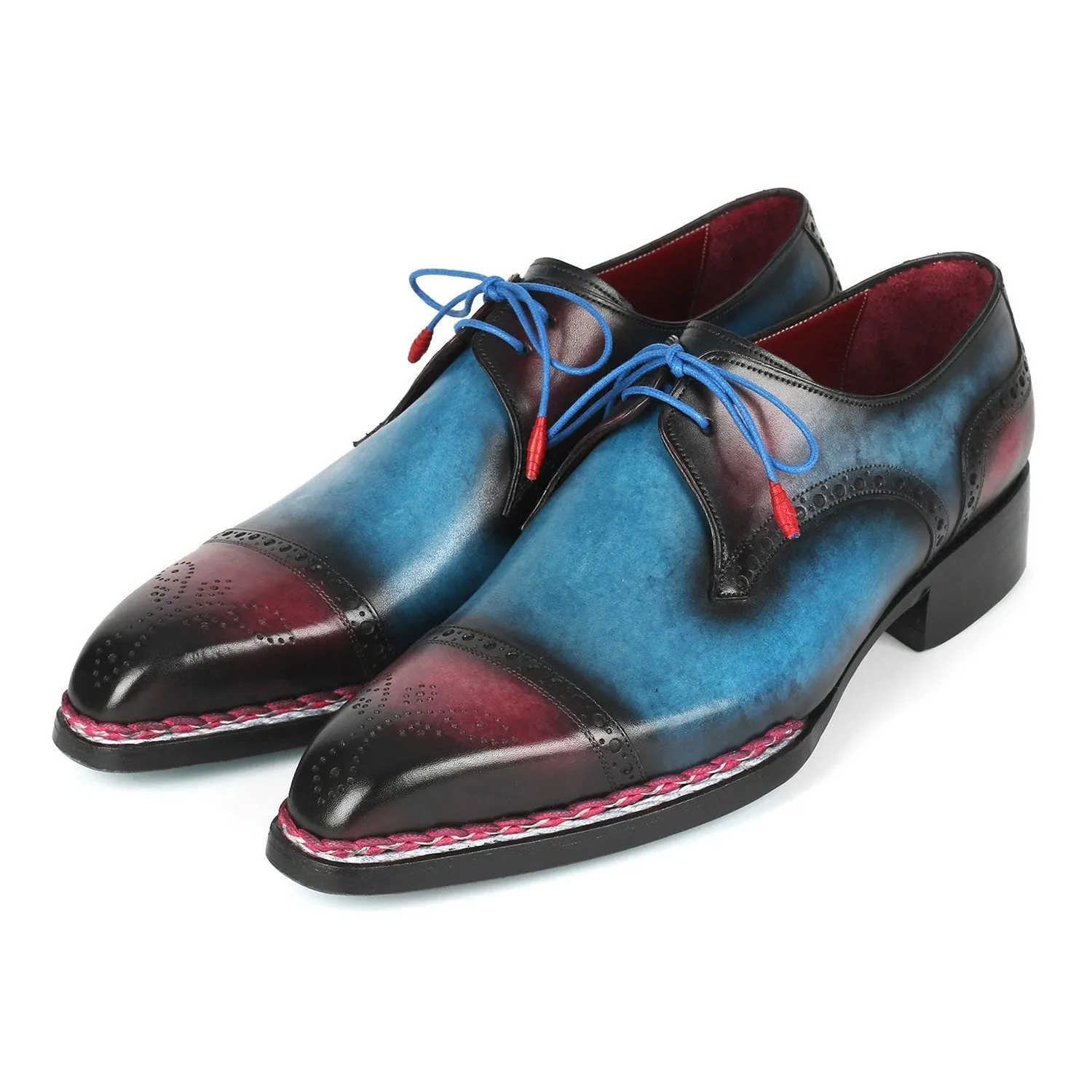 Paul Parkman 8508-PBL Men's Shoes Blue & Purple Calf-Skin Leather Norwegian Welted Cap Toe Derby Oxfords (PM6379)