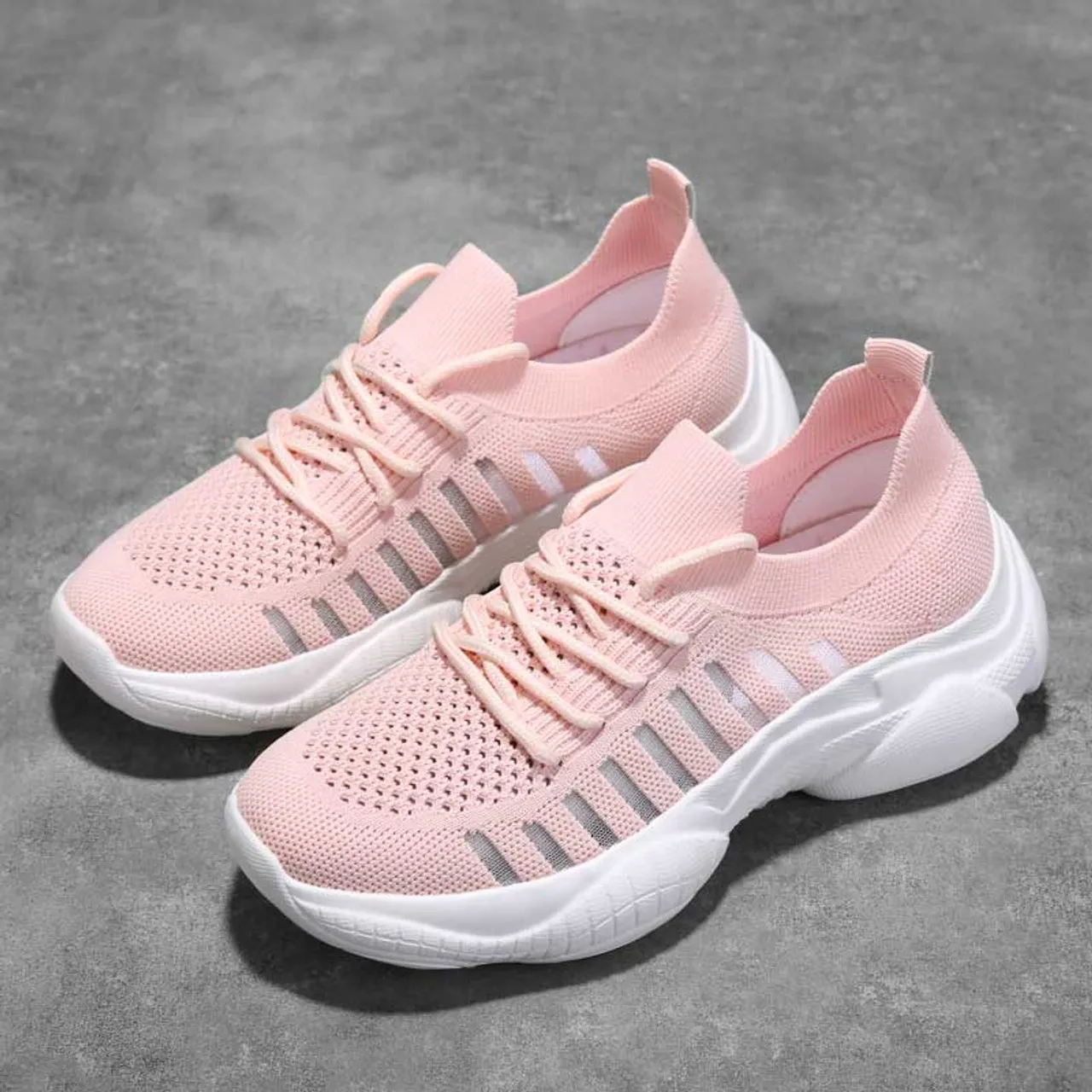 Pink flyknit stripe hollow lace shoe sneaker