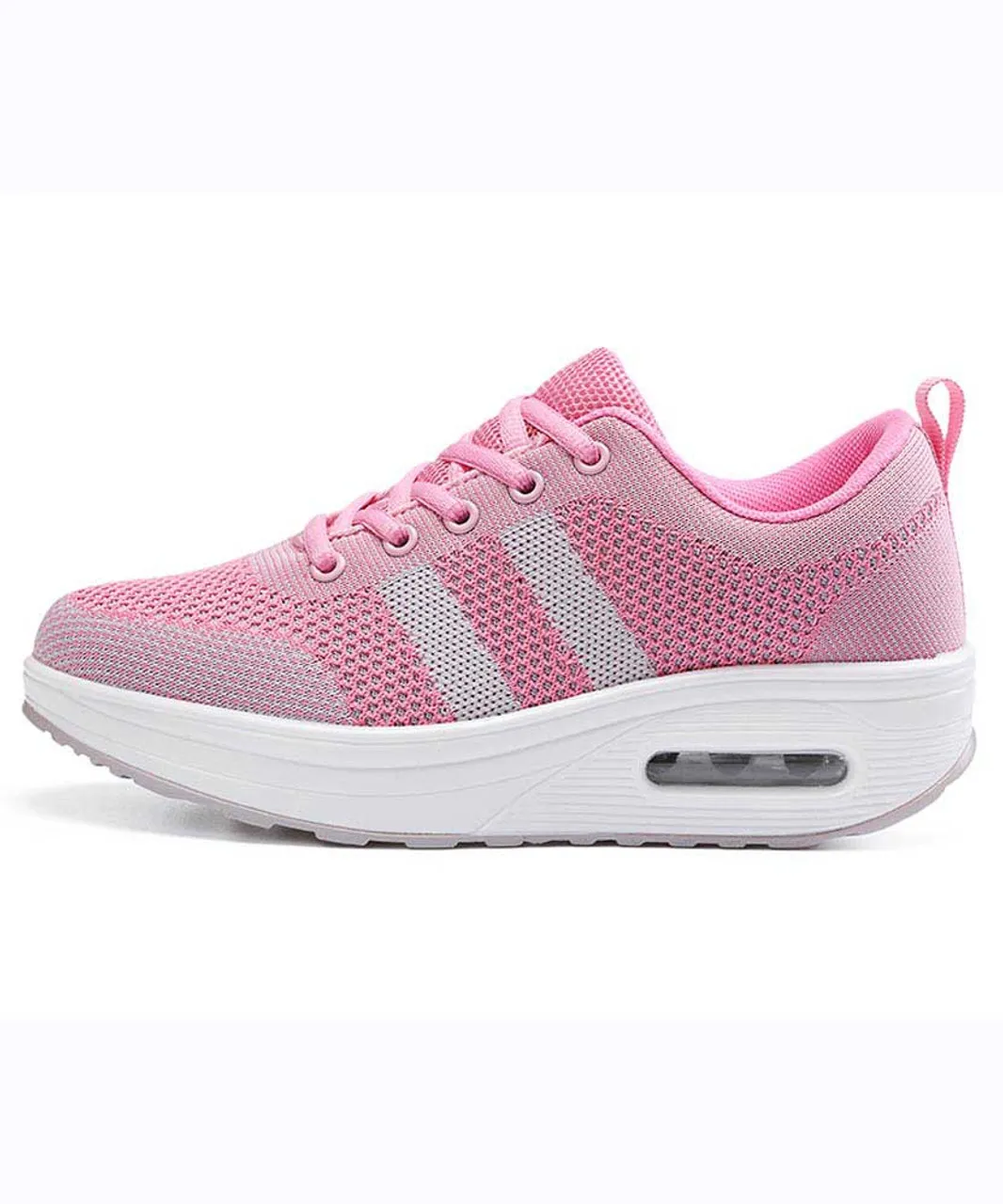 Pink grey stripe flyknit rocker bottom shoe sneaker