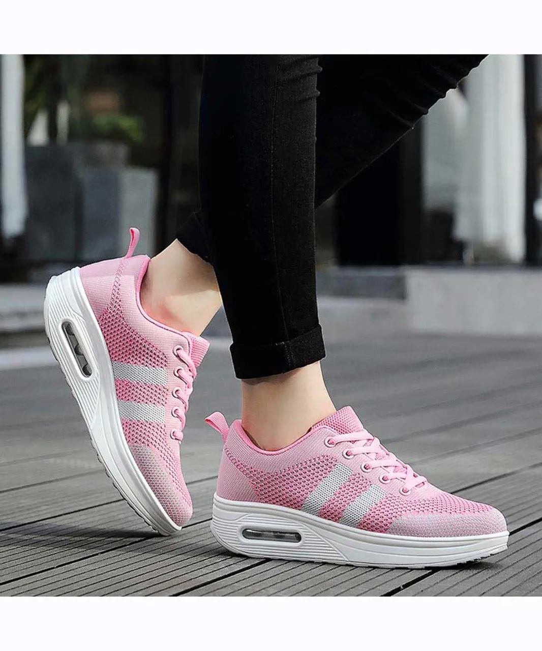 Pink grey stripe flyknit rocker bottom shoe sneaker