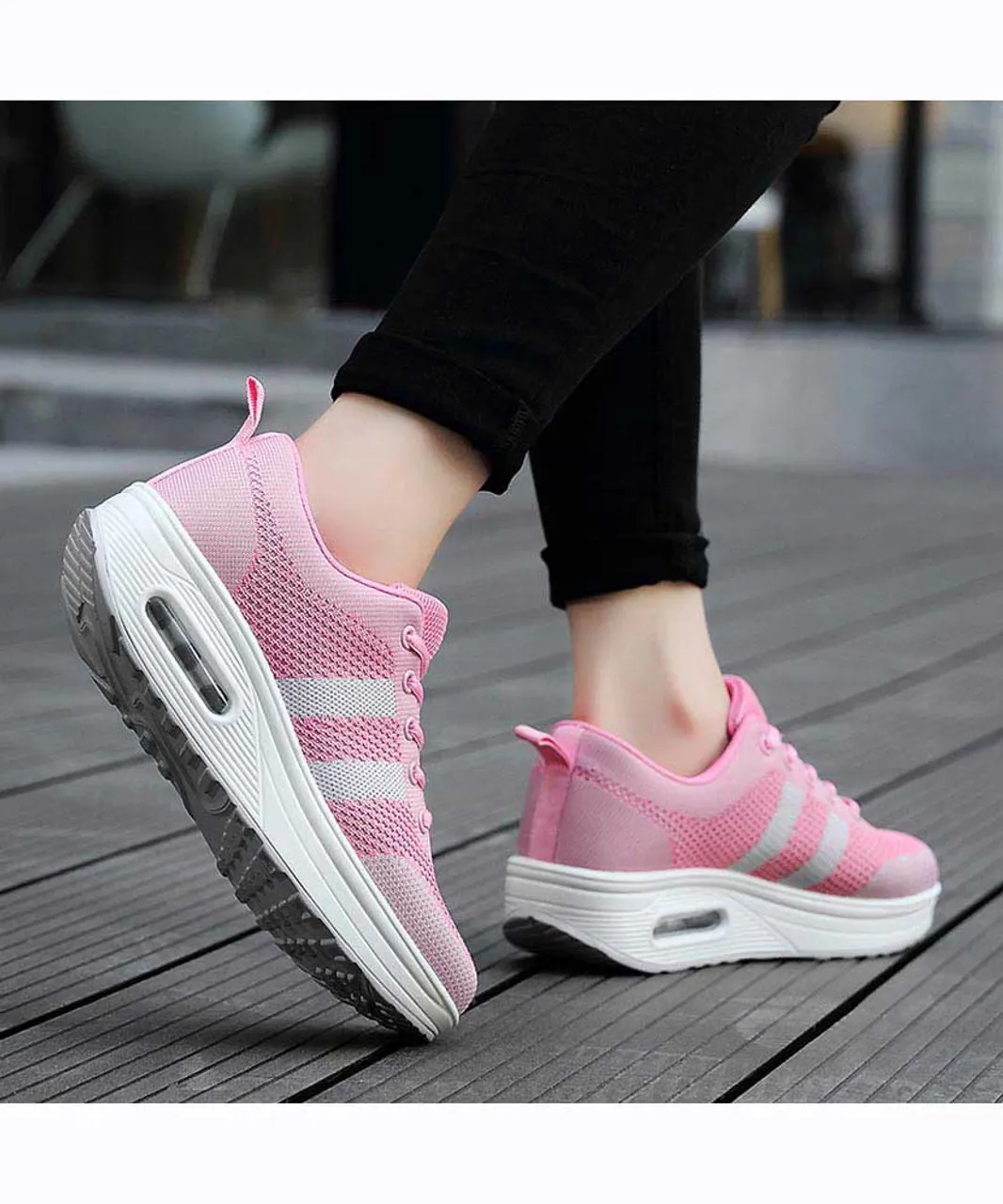 Pink grey stripe flyknit rocker bottom shoe sneaker