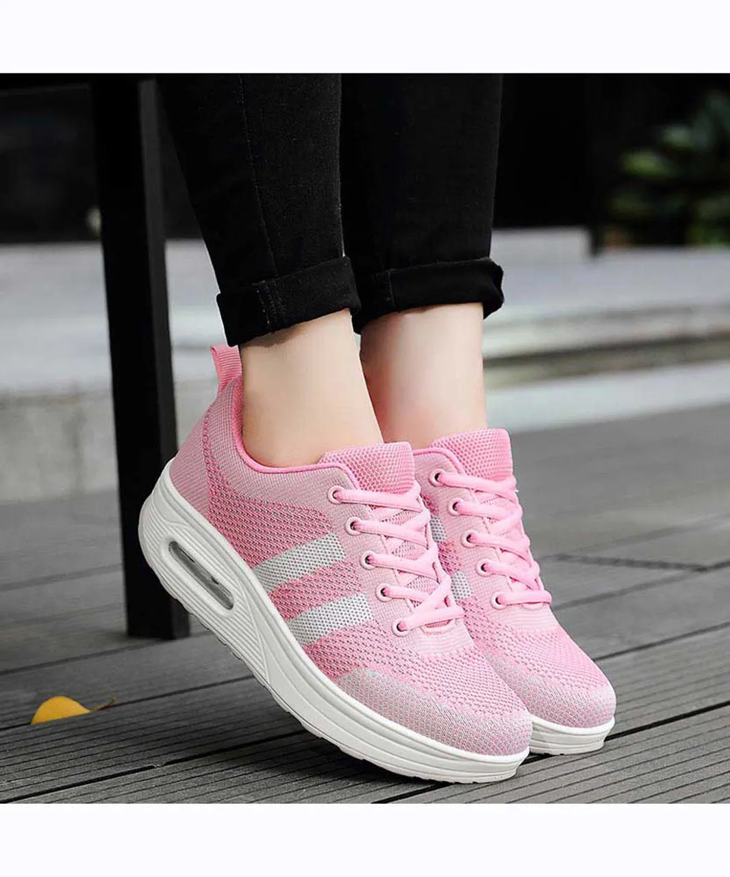 Pink grey stripe flyknit rocker bottom shoe sneaker