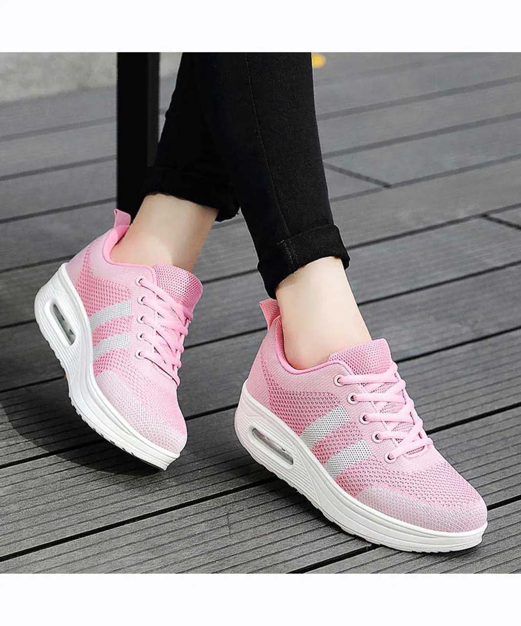 Pink grey stripe flyknit rocker bottom shoe sneaker