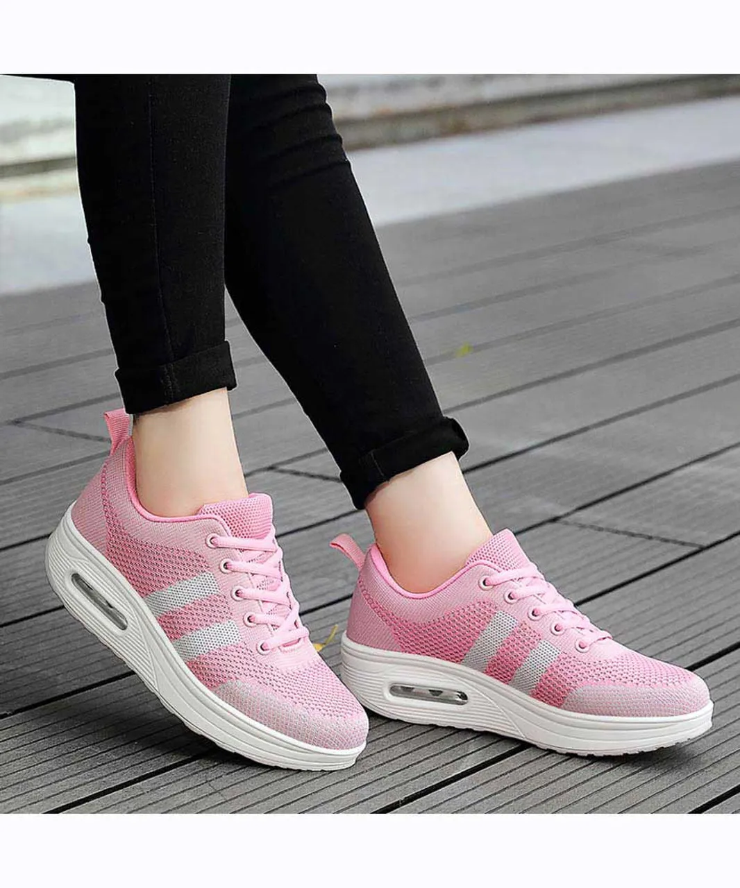 Pink grey stripe flyknit rocker bottom shoe sneaker