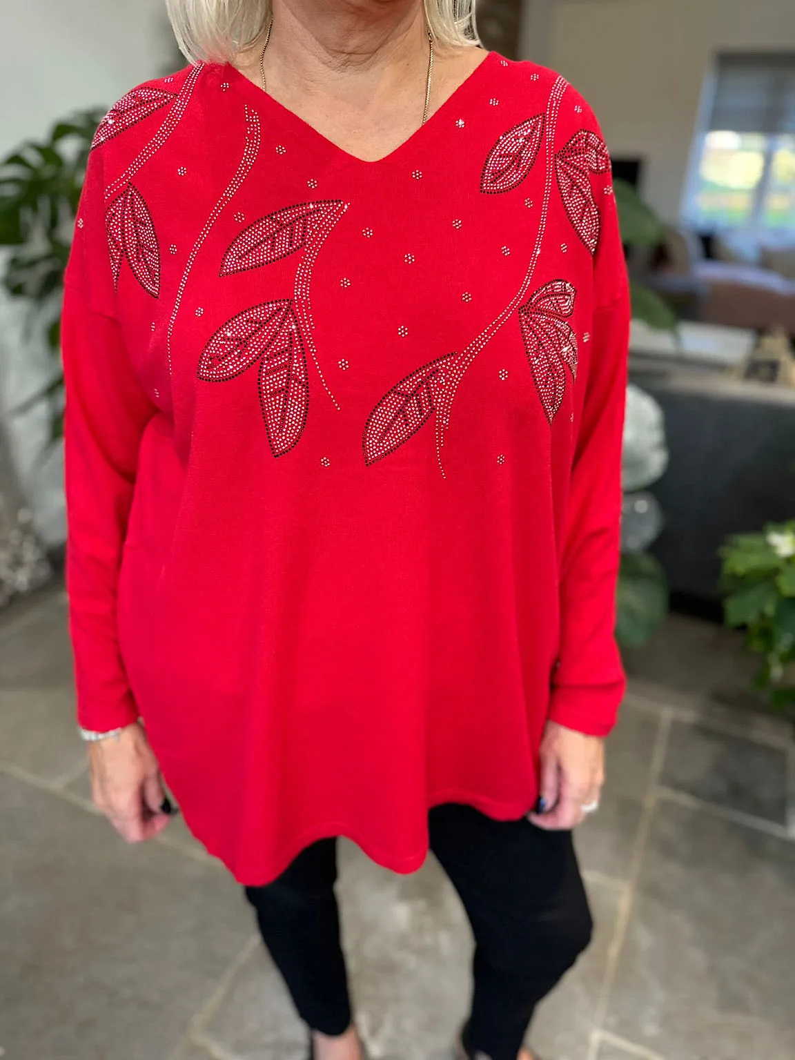 Red Diamante Leaf Knit Gail