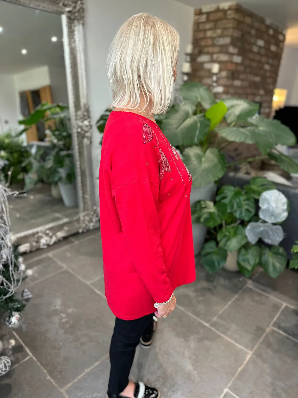 Red Diamante Leaf Knit Gail