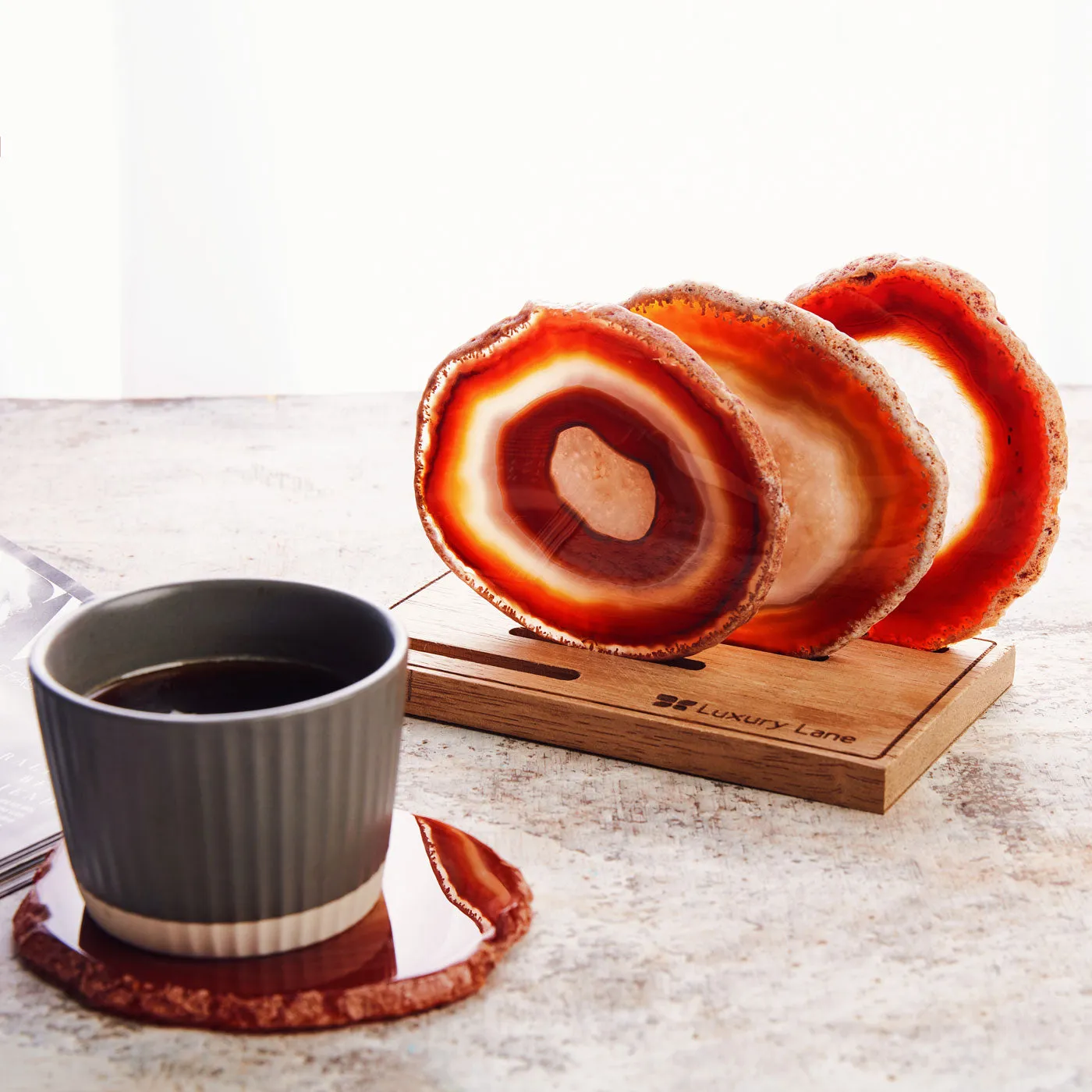 Set of 4 Natural Brazilian Agate Drink Coasters with Wood Holder - Red Amber