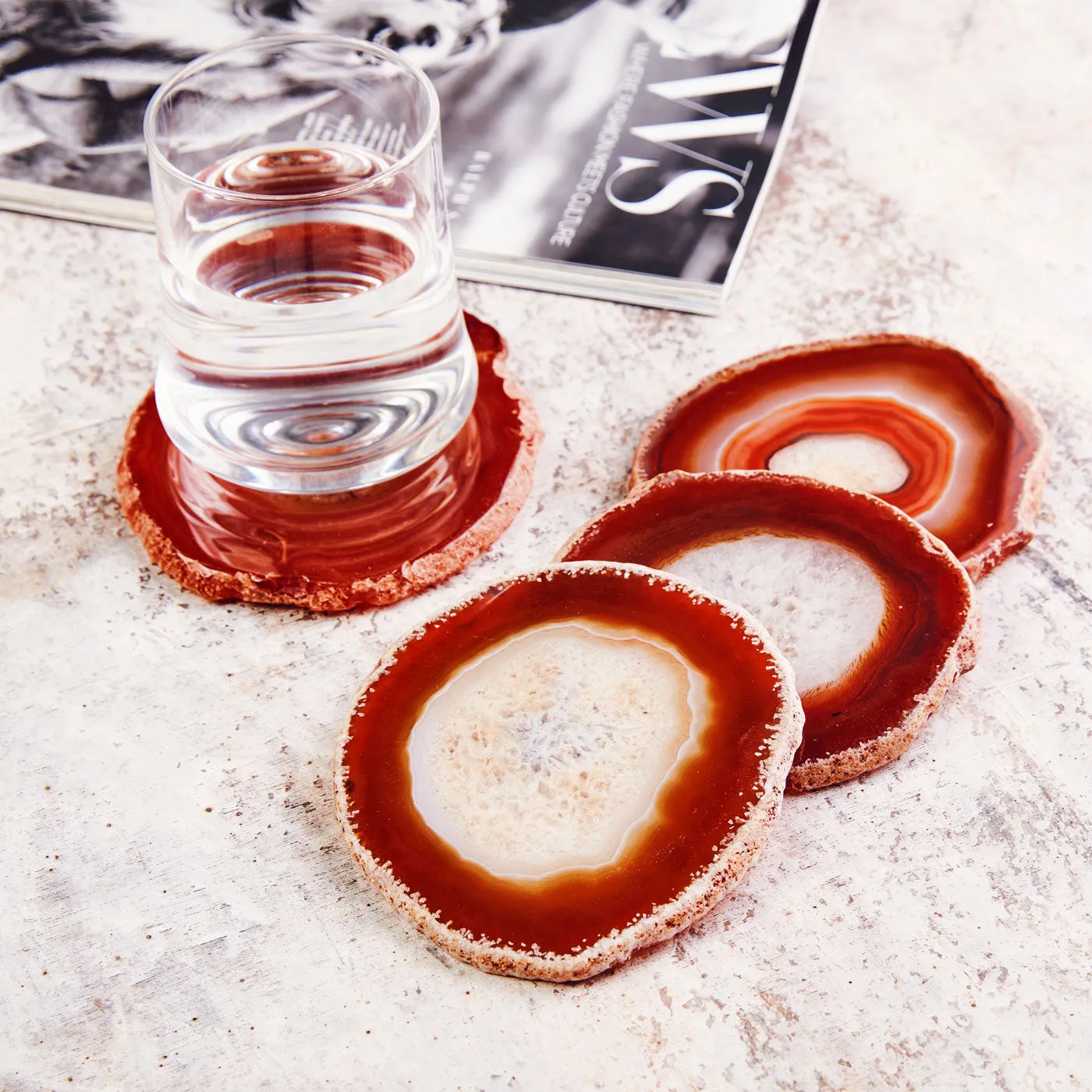 Set of 4 Natural Brazilian Agate Drink Coasters with Wood Holder - Red Amber