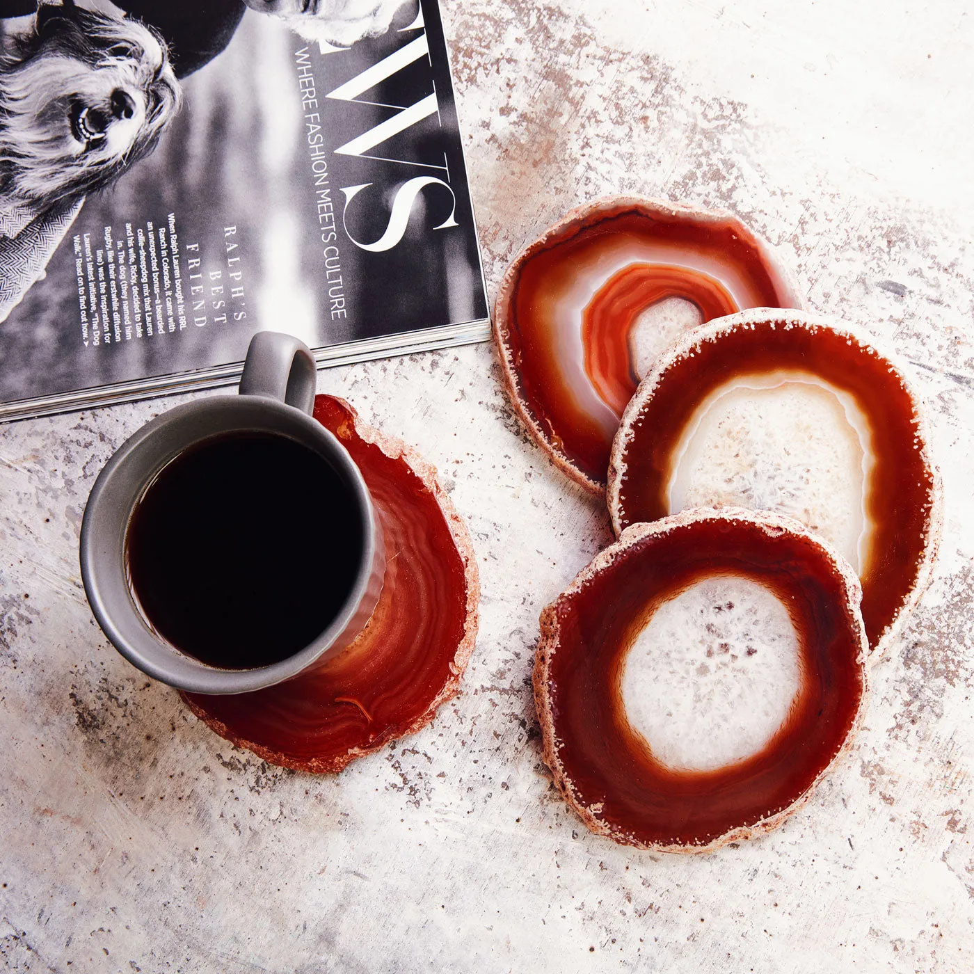 Set of 4 Natural Brazilian Agate Drink Coasters with Wood Holder - Red Amber