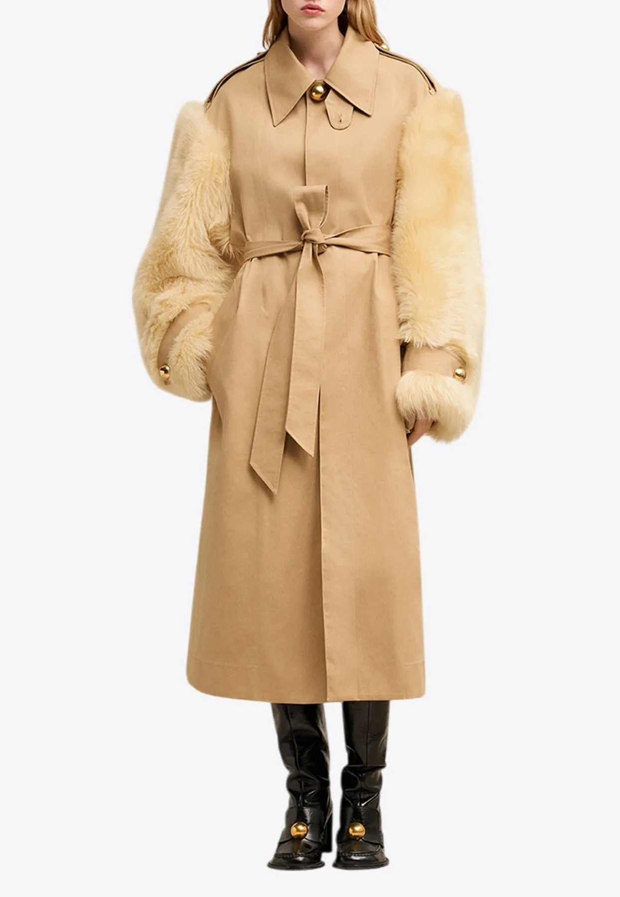 Shearling-Sleeved Belted Trench Coat