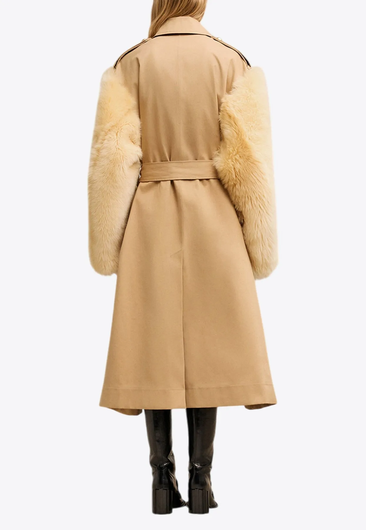 Shearling-Sleeved Belted Trench Coat