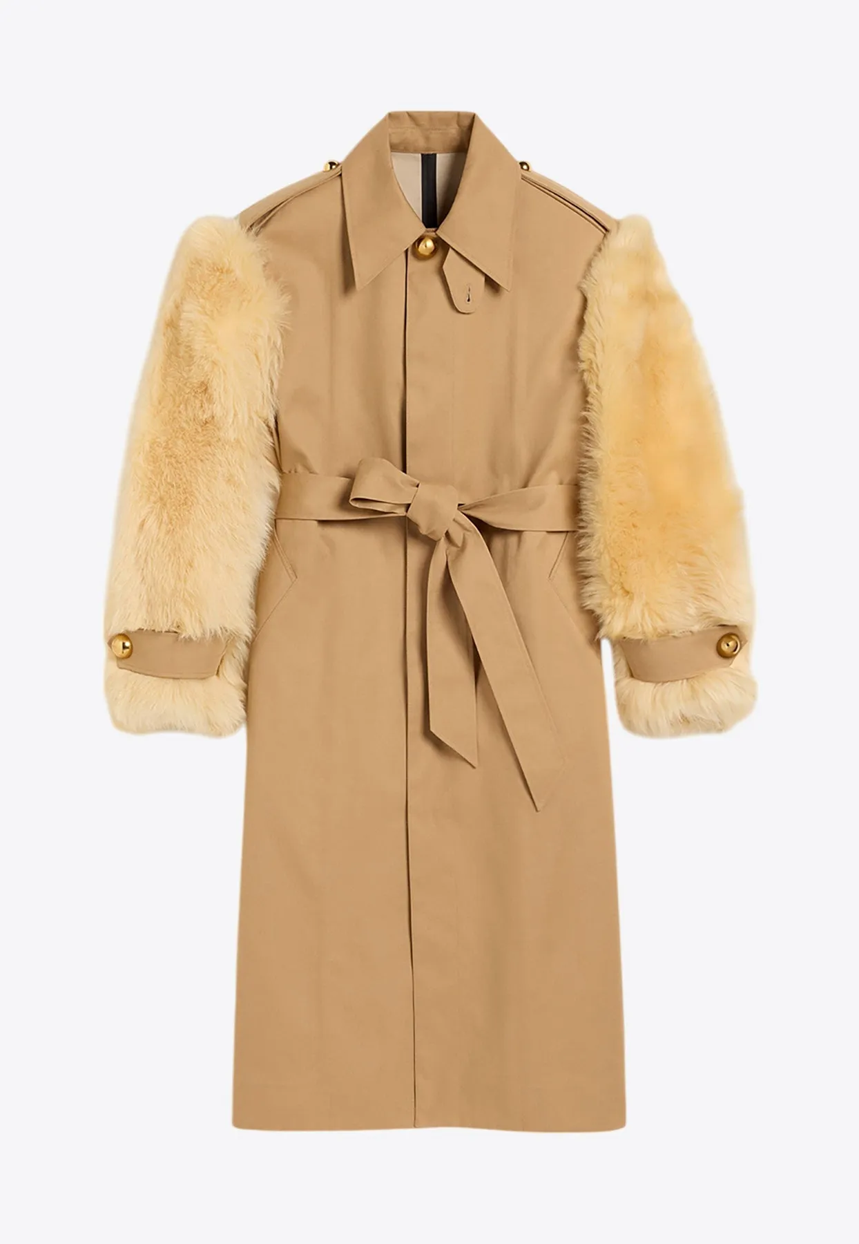 Shearling-Sleeved Belted Trench Coat