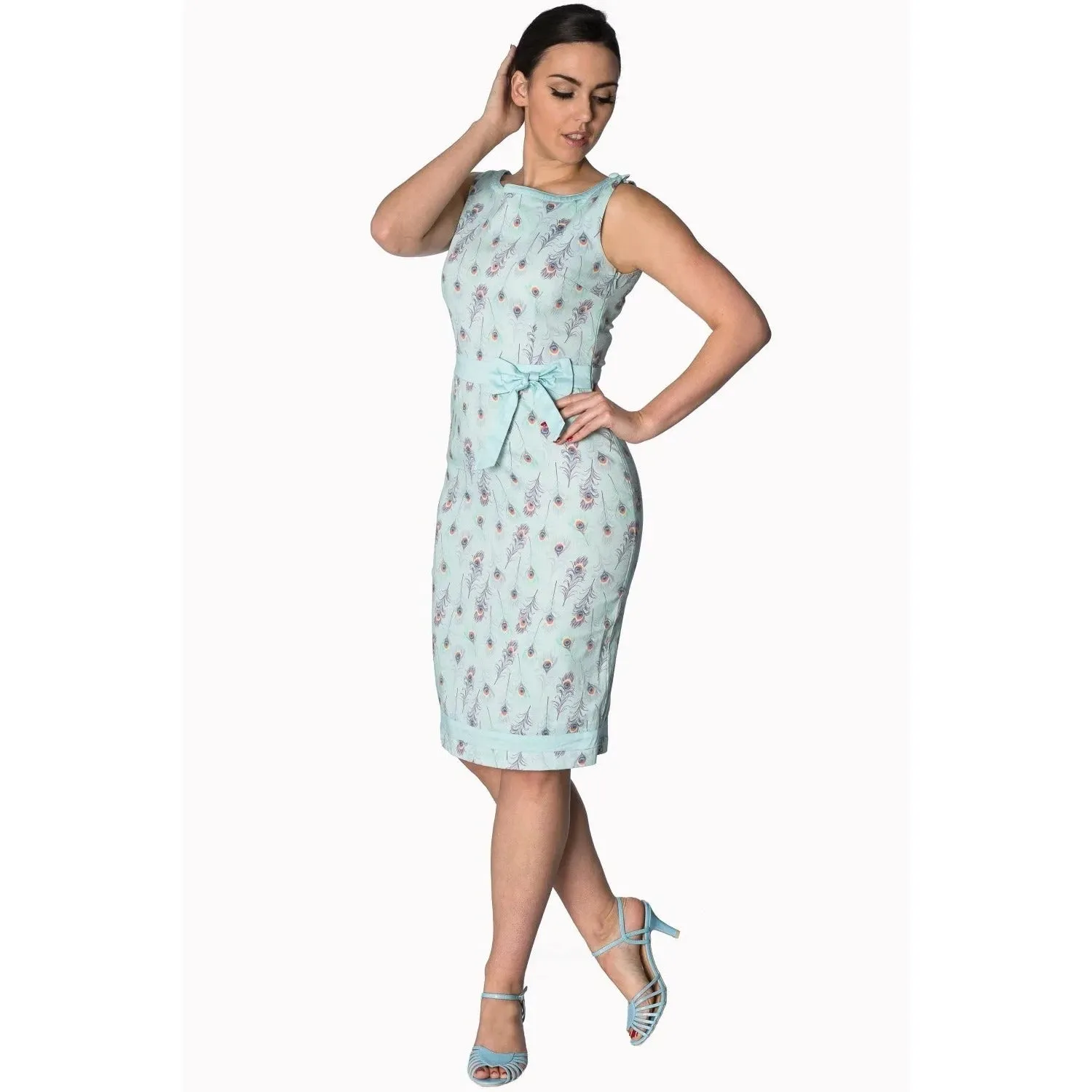 Sky Blue 1940s Peacock Feather Wiggle Dress