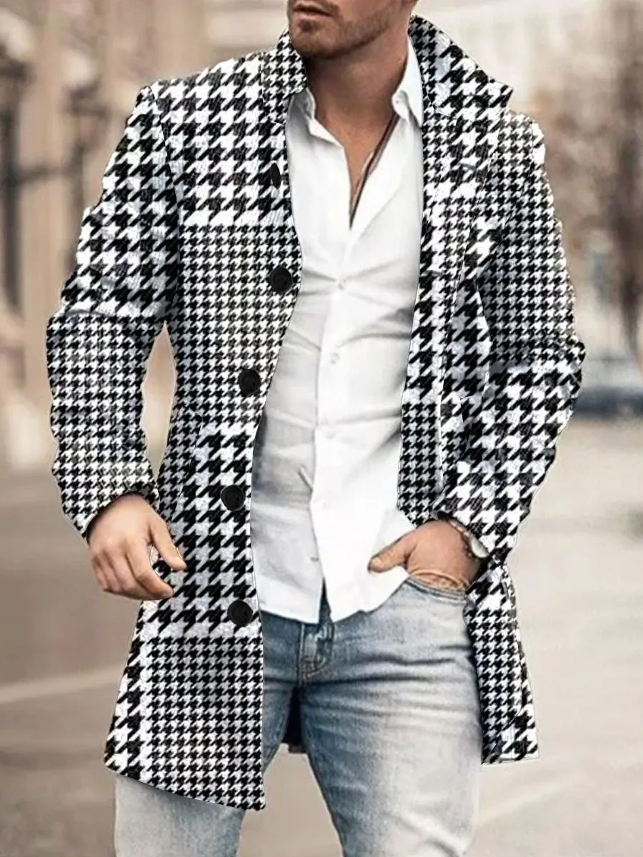 Stand-Collar Single-Breasted Houndstooth Print Double-Pocket Wool Coat