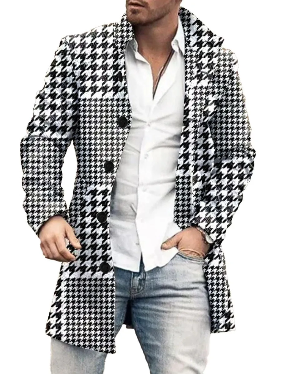 Stand-Collar Single-Breasted Houndstooth Print Double-Pocket Wool Coat