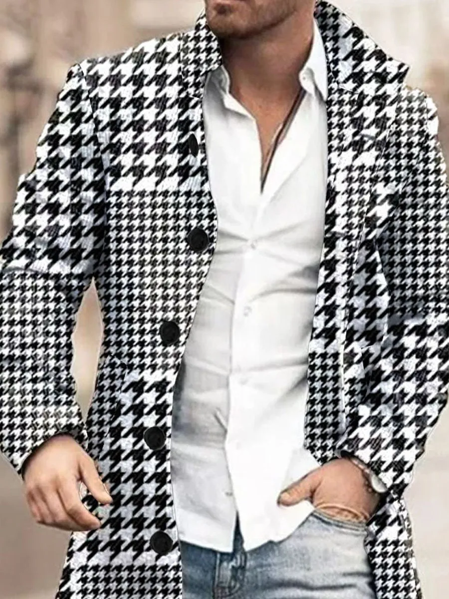 Stand-Collar Single-Breasted Houndstooth Print Double-Pocket Wool Coat