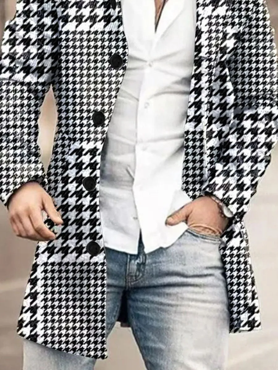 Stand-Collar Single-Breasted Houndstooth Print Double-Pocket Wool Coat