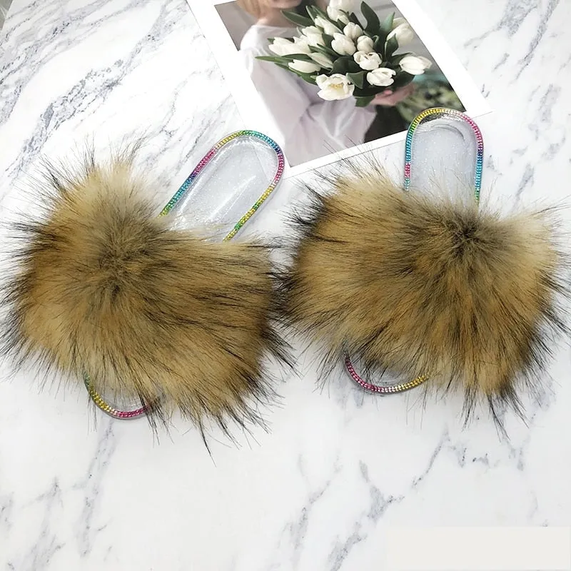 Summer Casual Raccoon Synthetic Fur Crystal House Slippers for Women