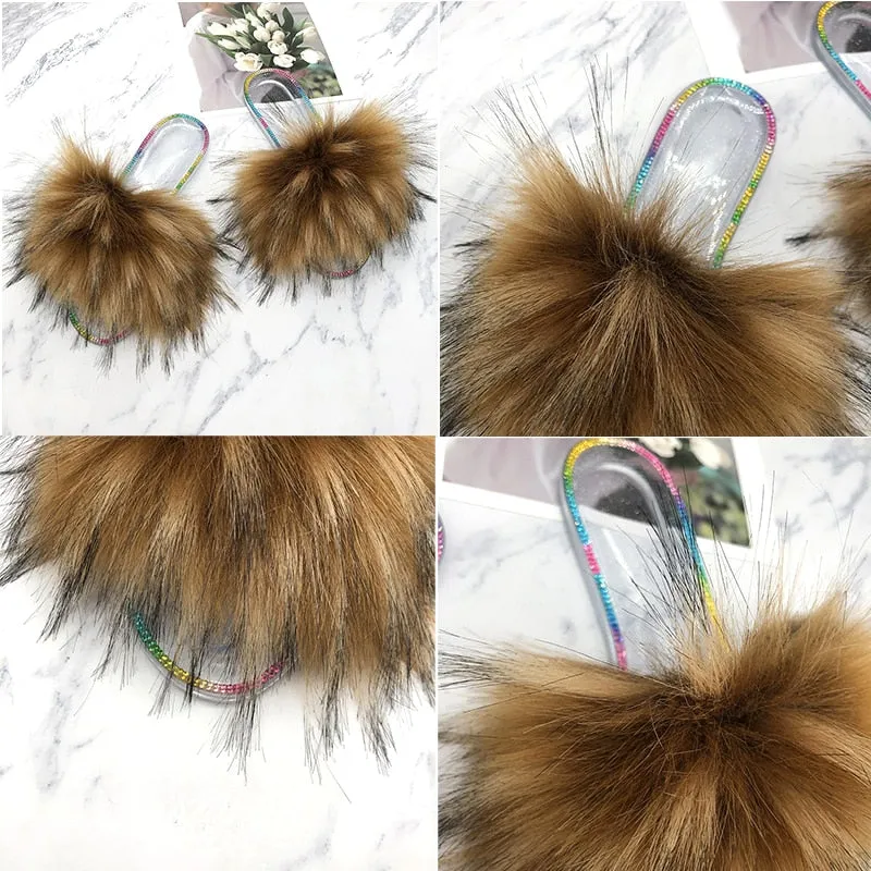 Summer Casual Raccoon Synthetic Fur Crystal House Slippers for Women