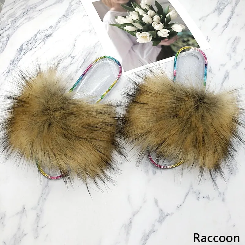 Summer Casual Raccoon Synthetic Fur Crystal House Slippers for Women