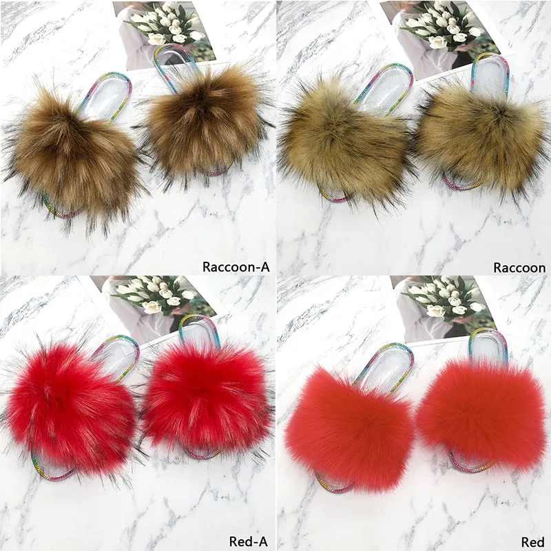 Summer Casual Raccoon Synthetic Fur Crystal House Slippers for Women