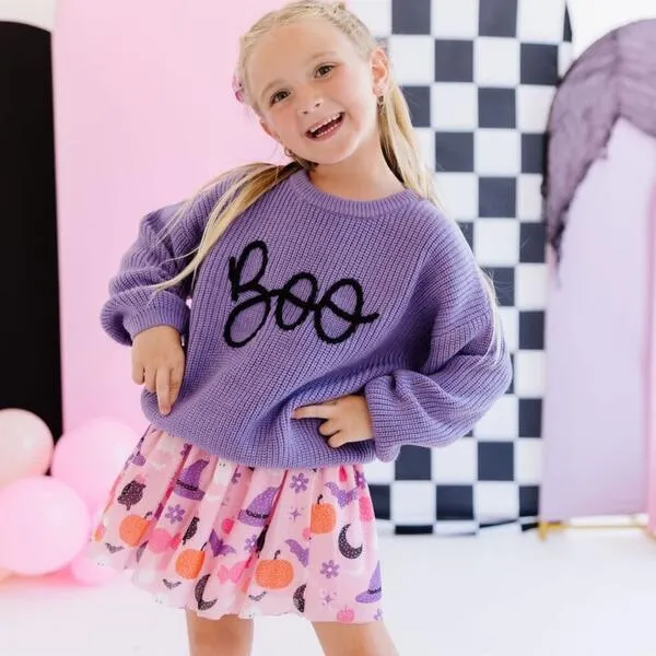 Sweet Wink Boo Halloween Yarn Knit Sweater, Lavender