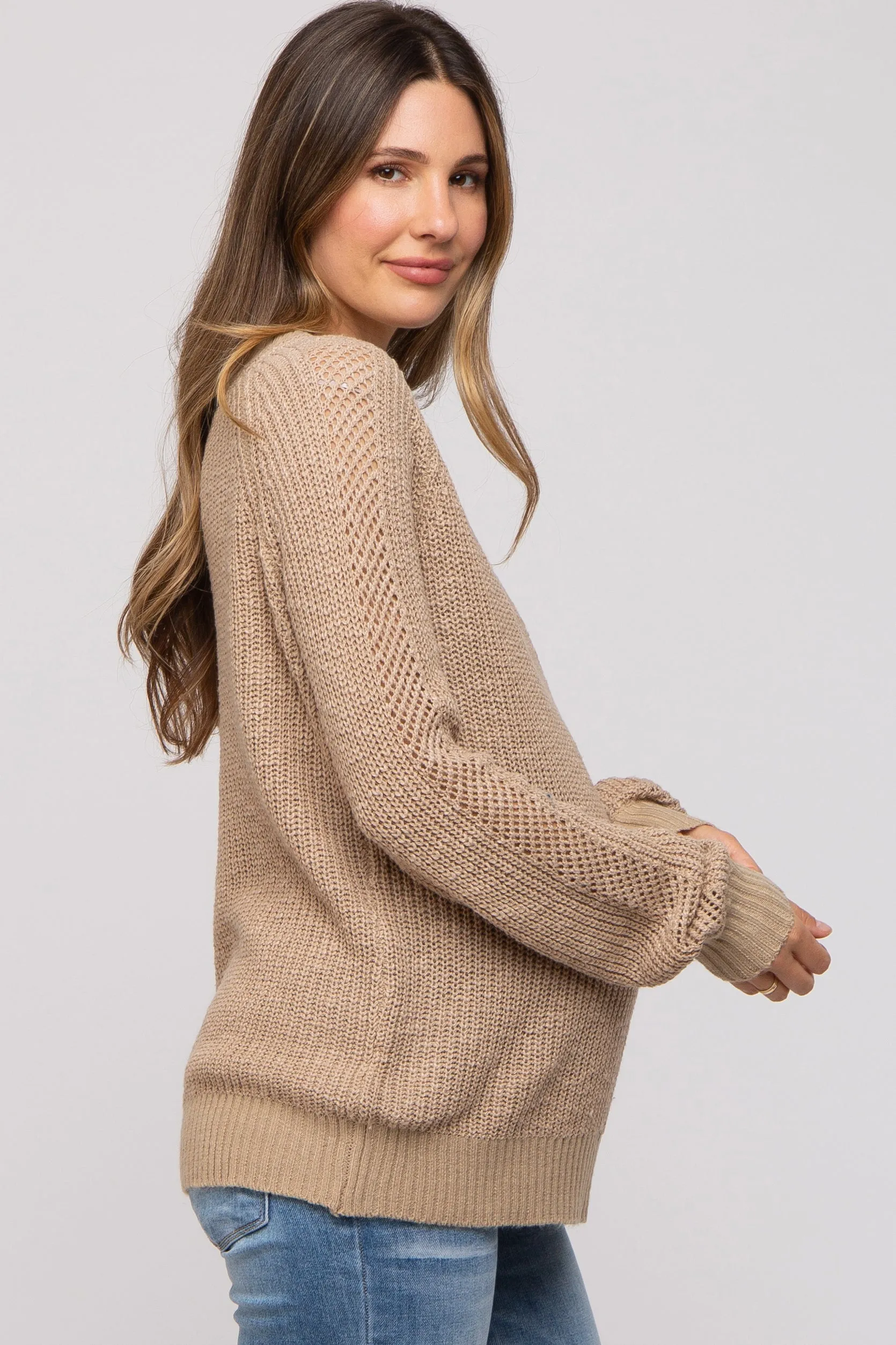 Taupe Open Knit Maternity Sweater