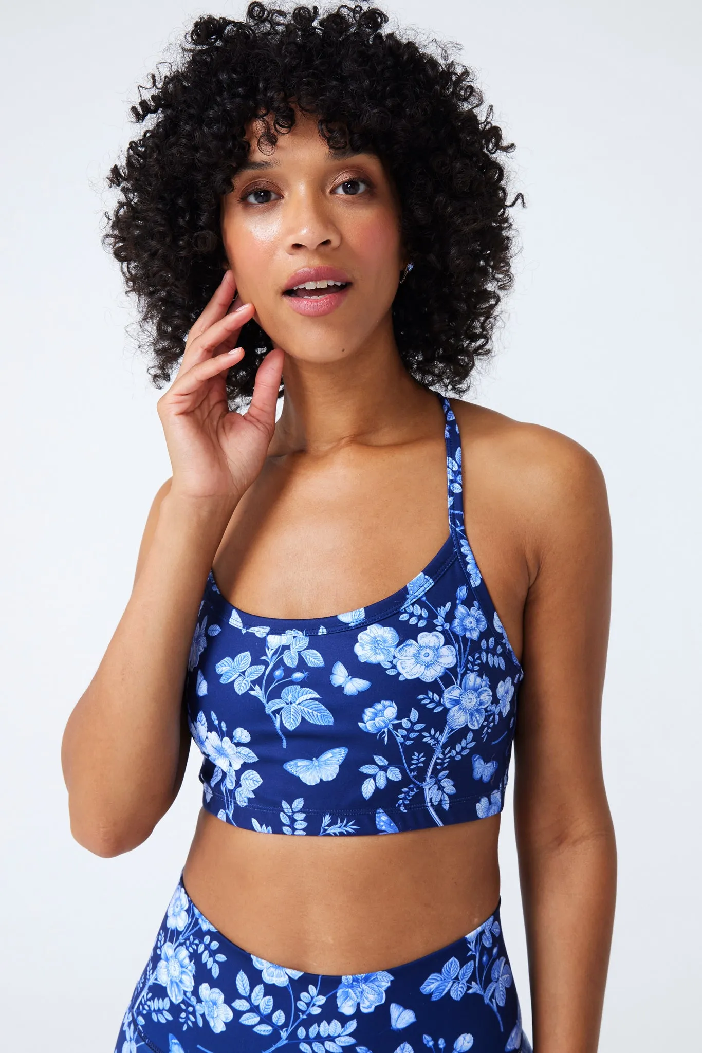 TLC Printed Y-Back Bralette in Navy Fine China