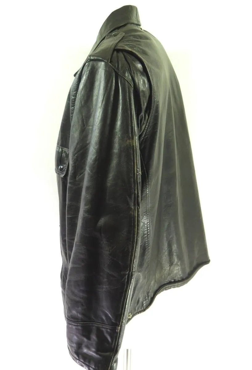 Vintage 60s Black Leather Police Jacket 50 R or XXL Motorcycle Biker Talon Zip